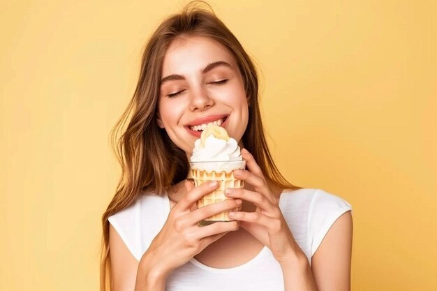 Young woman eating waffles and milkshake in a table over isolated yellow