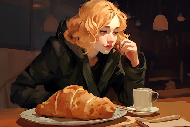 A young woman eats croissants with coffee in a cafe