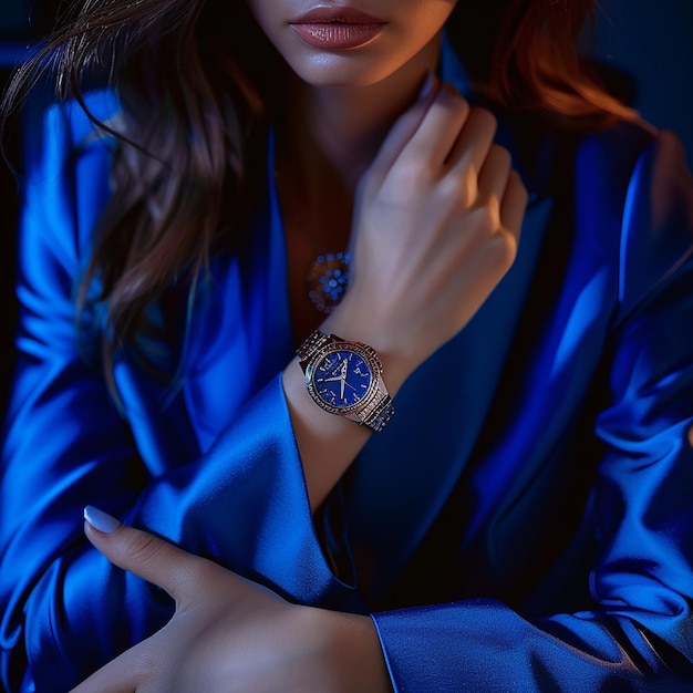 Photo a young woman in an elegant blue suit is wearing the tissot pstar watch which has been elegantly pl