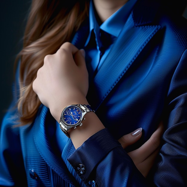 Photo a young woman in an elegant blue suit is wearing the tissot pstar watch which has been elegantly pl