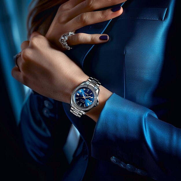 Photo a young woman in an elegant blue suit is wearing the tissot pstar watch which has been elegantly pl