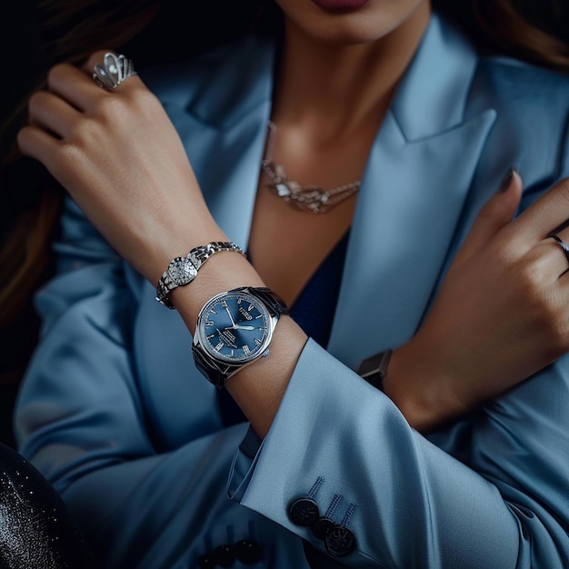 Photo a young woman in an elegant blue suit is wearing the tissot pstar watch which has been elegantly pl