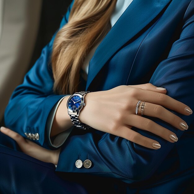 Photo a young woman in an elegant blue suit is wearing the tissot pstar watch which has been elegantly pl