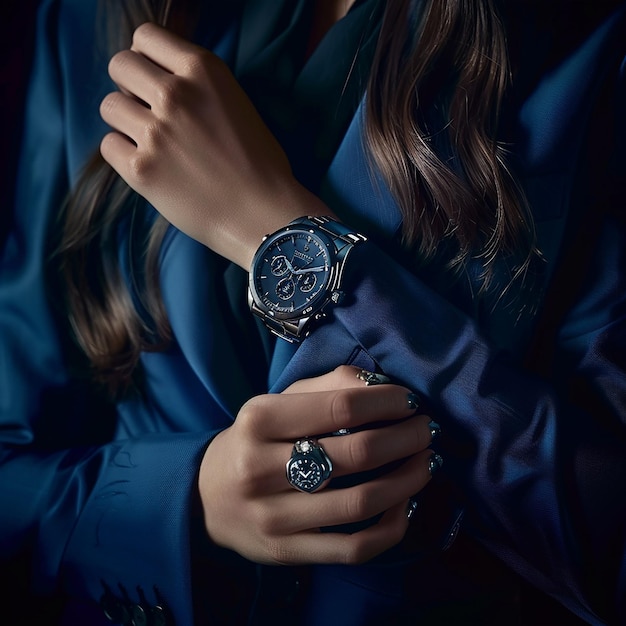 Photo a young woman in an elegant blue suit is wearing the tissot pstar watch which has been elegantly pl