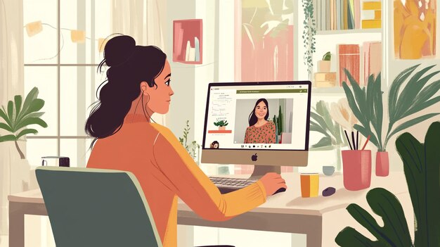 Young woman engaged in a virtual meeting from her cozy plantfilled home office during a bright sunny