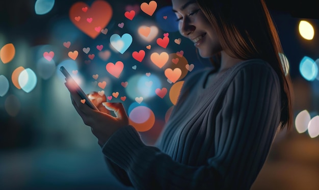 Young Woman Engaging with Social Media on Smartphone at Night with Heart Icons and Bokeh Background