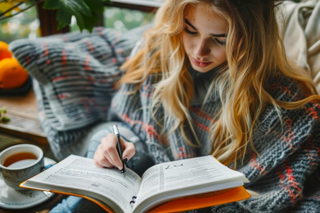 Young Woman Engrossed in Writing in Notebook with Coffee at Cozy Home Setting