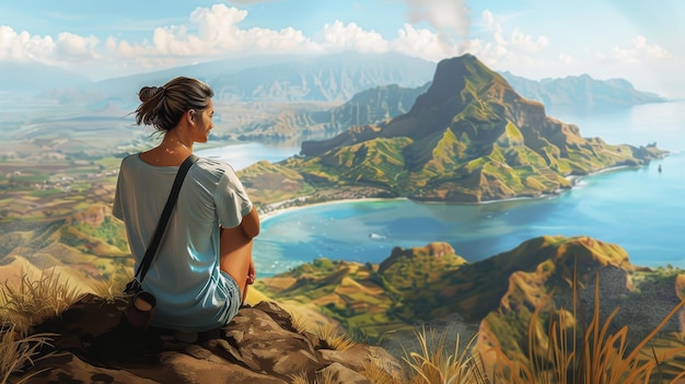 Young woman enjoying the awesome view of Padar Island with grass flowers and birds while sitting on the top mountain during summer vacation Anime style