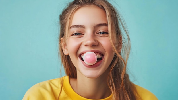 Photo young woman enjoying bubble gum in playful mood with light background