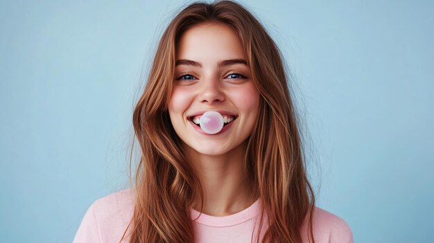 Photo young woman enjoying bubble gum in playful mood with light background