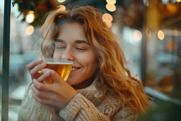 Photo young woman enjoying a cup of coffee at cafe smiling pretty girl drinking hot tea