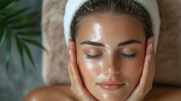 Photo young woman enjoying a facial treatment at a spa surrounded by calming greenery and soft lighting in a tranquil setting