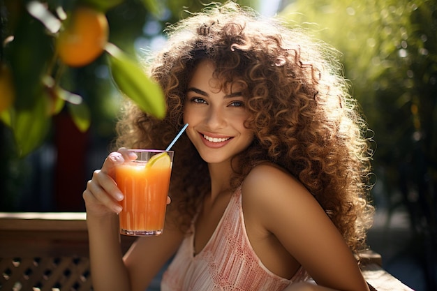 A young woman enjoying a glass of peach juice outdoors