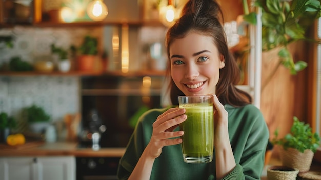 Young Woman Enjoying Green Smoothie in a Kitchen