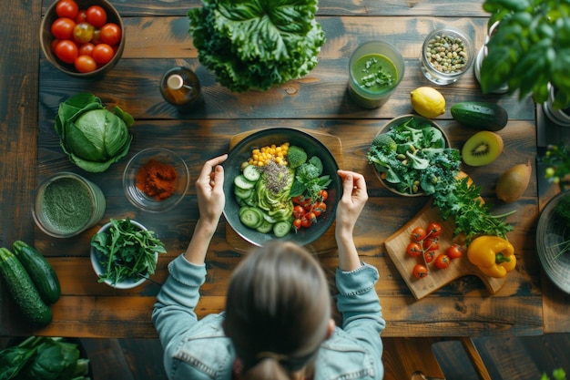 Photo young woman enjoying a healthy salad sitting at a wooden table top view