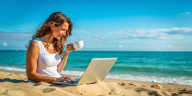 Photo young woman enjoying internet surfing and coffee at beach with turquoise copy space