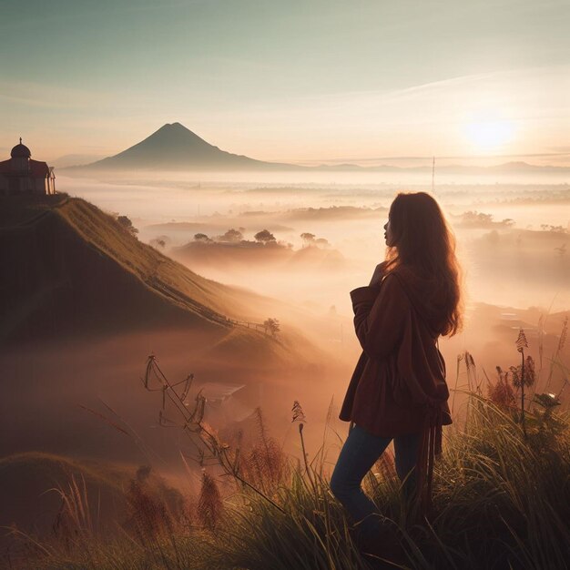 Young woman enjoying misty morning at Ngisis hill