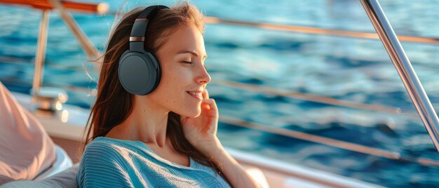 Photo a young woman enjoying music through headphones while relaxing on a boat with a serene ocean scene in the background