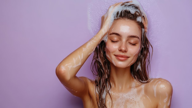 Young Woman Enjoying a Refreshing Hair Wash with Shampoo on a Vibrant Purple Background for Hair Care and Beauty Promotion