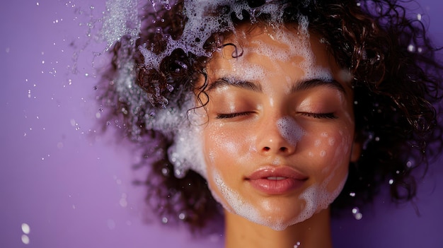 Young woman enjoying a refreshing shampoo wash that revitalizes her hair while in a vibrant purple setting