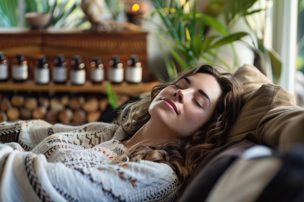 Photo young woman enjoying a relaxing moment at home lying on a couch with her eyes closed