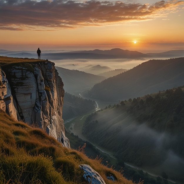 Photo young woman enjoying scenic view while standing on top of mountain ai generated