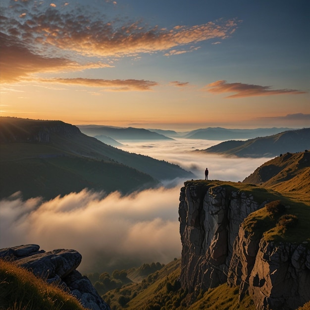 Photo young woman enjoying scenic view while standing on top of mountain ai generated