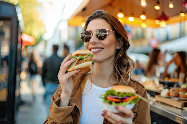 Photo young woman enjoying some street food