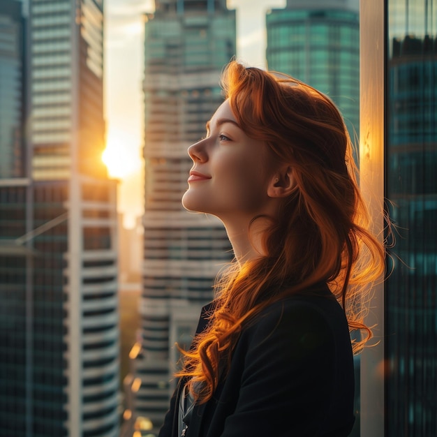 Young Woman Enjoying Sunset on City Rooftop Serene Moment in Urban Environment with Skyscrapers