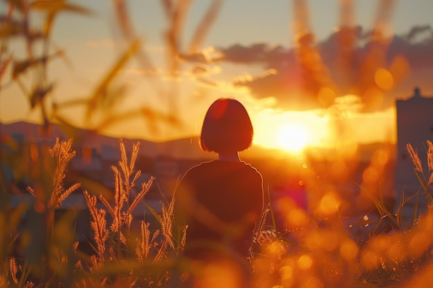 Young woman enjoying sunset in meadow surrounded by nature