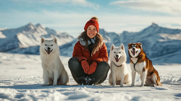 Photo young woman enjoying winter fun with dogs in snowy desert