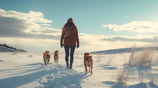 Photo young woman enjoying winter fun with dogs in snowy desert