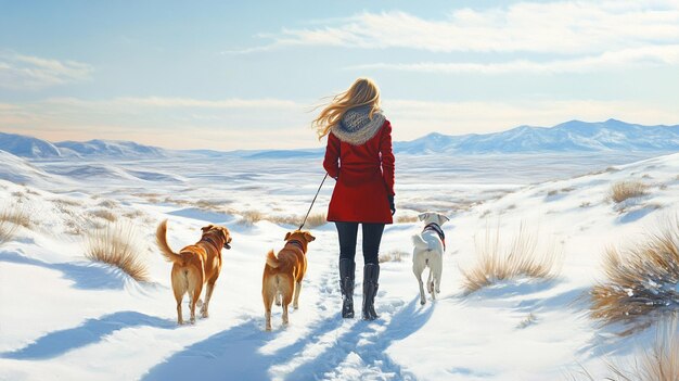 Young Woman Enjoying Winter Fun with Her Dogs in Snowy Desert