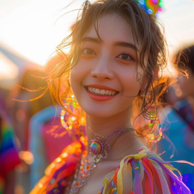 A young woman enjoys the festive atmosphere of the music festival