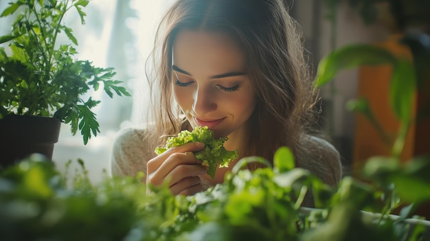 Young Woman Enjoys Freshly Harvested Lettuce in Indoor Garden Enveloped by Lush Greenery During Bright Morning Hours