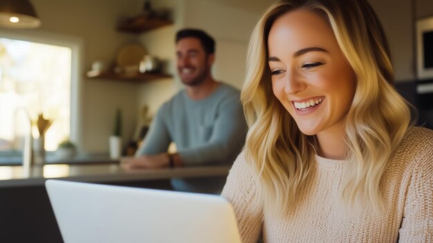 A young woman enjoys her time on a laptop smiling joyfully while a man stands in the background clearly engaged and happy in their bright kitchen setting