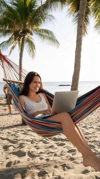 Photo young woman enjoys a laptop in a hammock on the beach