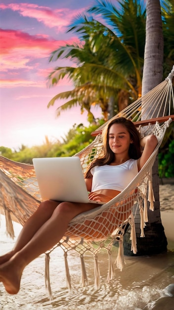 Photo young woman enjoys a laptop in a hammock on the beach