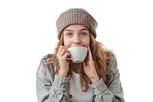 Photo a young woman enjoys a warm cup of coffee while wearing a cozy hat in a bright minimalistic setting