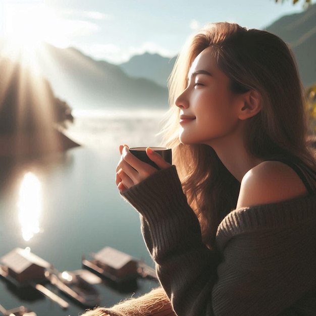 Photo a young woman enjoys the warmth of the morning sun