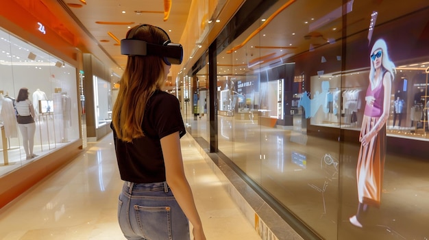 Photo young woman experiences virtual reality in a modern shopping mall