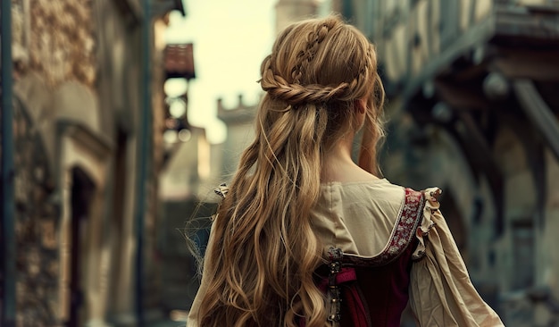 Young woman exploring charming city alleys on a sunny day