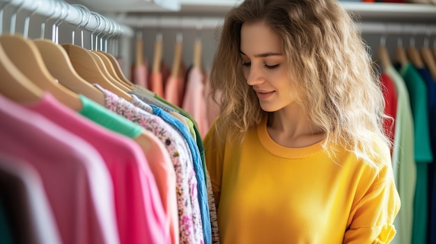 Photo a young woman exploring colorful clothing options in a wellorganized wardrobe during a bright cheerful day