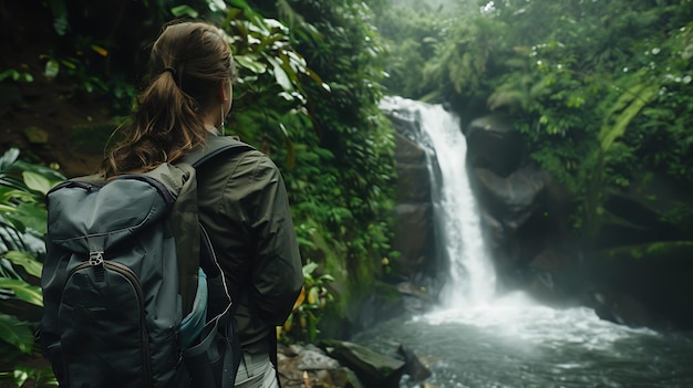 Photo young woman exploring lush tropical jungle on adventurous hike