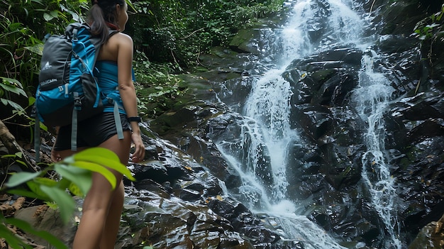 Photo young woman exploring lush tropical jungle on adventurous hike