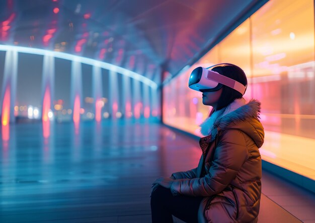 Photo young woman exploring virtual reality in futuristic neon lit urban environment