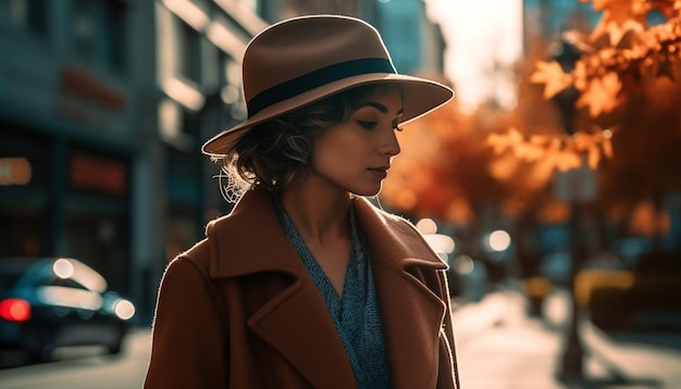 Young woman exudes confidence in fashionable autumn attire generated by AI