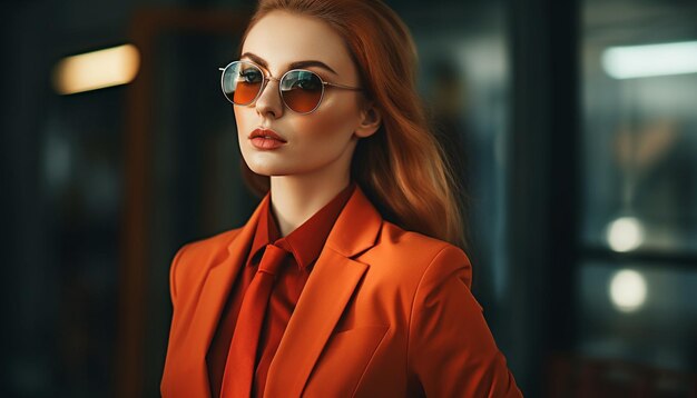 Young woman exudes confidence in fashionable sunglasses generated by AI