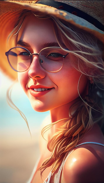 Young woman in eyeglasses smiles outdoors enjoying summer generative AI