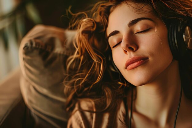 A young woman eyes closed enjoying the music listening to through headphones